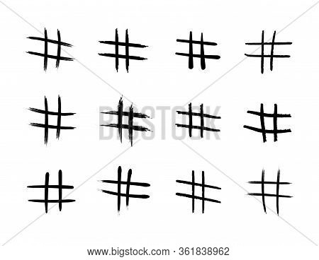 Vector Set Of Black Hand Drawn Hastags Isolated On White Background, Ink Rough Sketches Collection, 