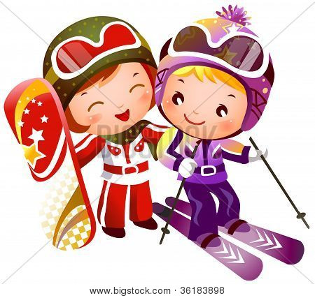 Jongen en meisje skiën