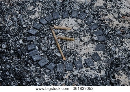 Norse Rune Ansuz On Ashes Backgorund Inside The Circle Of 24 Norse Runes