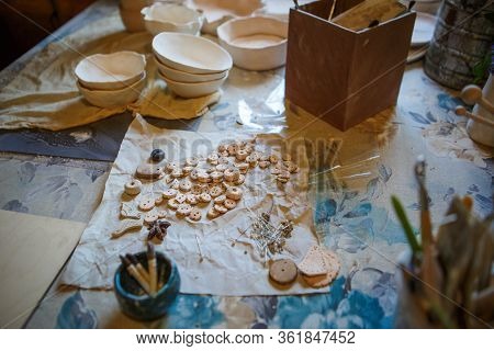 Golitsyno, Kaluga, Russia-may 18, 2019. Clay Blanks For Children's Creativity At The Master Class In