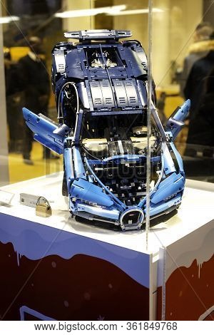 Milan, Italy, December 12, 2018: Blue Bugatti Chiron By Lego Technic, Lego Bugatti Exhibition Site