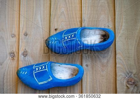 Dutch Wooden Oldfashioned Footwear Blue Painted Carved Klompen