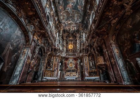 Feb 2, 2020 - Munich, Germany: Ultrawide View Of Ceiling Fresco And Altar Facade Inside Baroque Styl