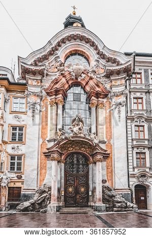 Front Entrance Facade Of Asamkirche, Late Baroque Church In Munich, Bavaria, Germany