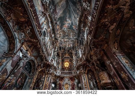 Feb 2, 2020 - Munich, Germany: Ultrawide Upward View Of Ceiling Fresco Altar Facade Inside Baroque S