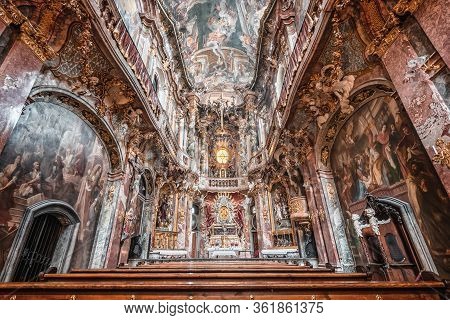 Feb 2, 2020 - Munich, Germany: Interior Of Asamkirche Baroque Church With Altar And Ceiling View