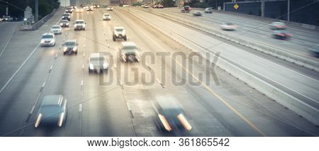 Panoramic Long Exposure Aerial View Rush Hour Traffic In Southwest Freeway In Downtown Houston, Texa