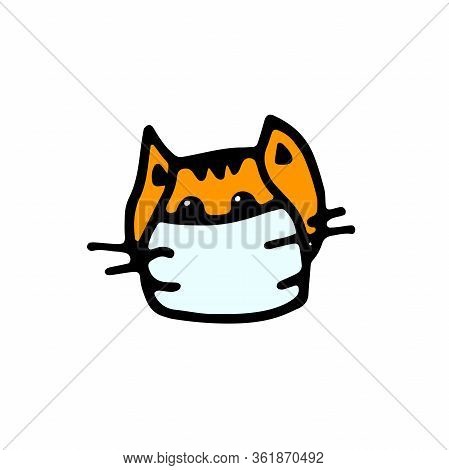 Doodle Icon Cat In A Medical Mask. Cartoon Character Isolated On White Background. Orange Cute Cat I