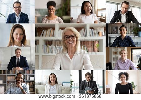 Diverse Businesspeople Using Videoconference Application Laptop Webcam Screen View