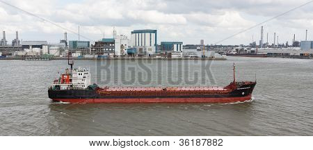 Small Chemical Tanker Sailing In The Port Of Rotterdam (holland)