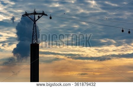 Night Shot Silhouette Image Of Singapore Cable Car In Sentosa, Singapore, March 30, 2020