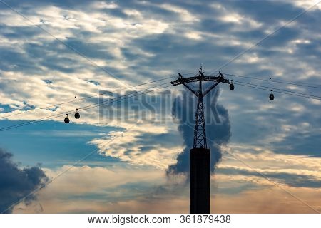 Night Shot Silhouette Image Of Singapore Cable Car In Sentosa, Singapore, March 30, 2020