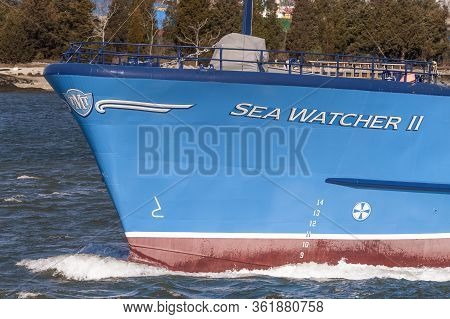 New Bedford, Massachusetts, Usa - April 14, 2020: Close-up Of Bow Of Clammer Sea Watcher Ii As She N
