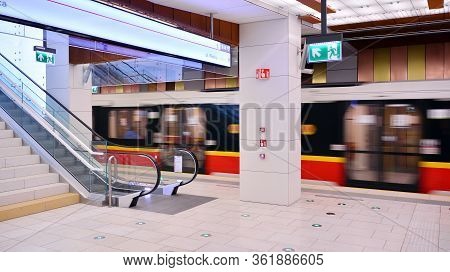 Warsaw, Poland. 18 April 2020. Warsaw Metro Station Interior Warsaw Plocka. View Of Empty Metro Stat