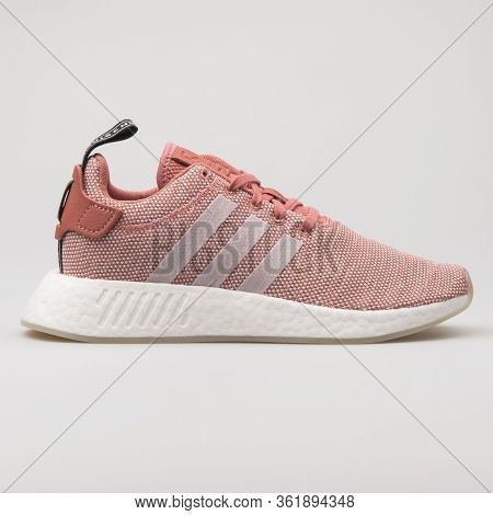 Vienna, Austria - August 29, 2017: Adidas Nmd R2 Pink Sneaker On White Background.