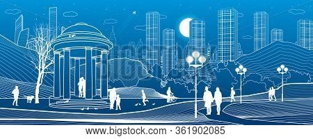 Illustration Of Urban Rest In The Park. Garden House. Relaxation Infrastructure. Evening City Scene.