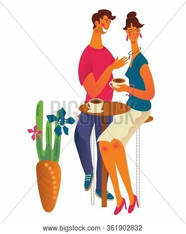 Cute Romantic Couple At Cafe Or Coffeshop Drinking Coffee Flat Cartoon Vector Illustration Isolated.