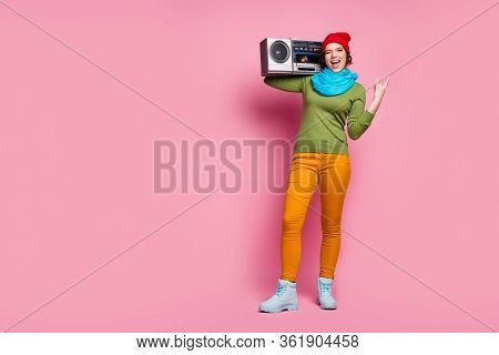 Lets Rock. Full Length Photo Crazy Girl Hold Retro Boom Box Make Horns Sign Wink Blink Enjoy Pank We