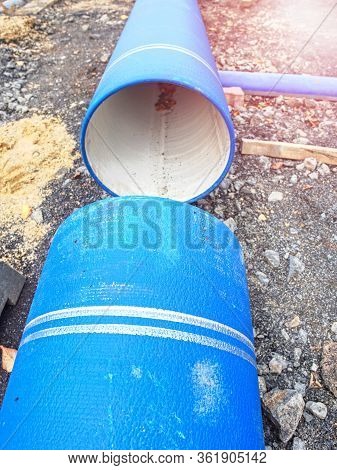 Large Diameter Pipe. Pipes Of Pvc Large Diameter Prepared For Laying On Construction Site