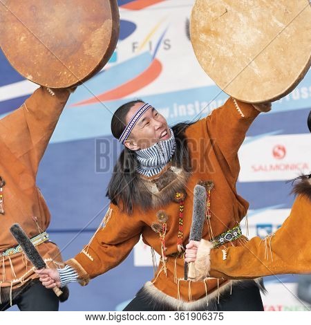 Aborigine Dancer In National Clothes Inhabitant People Emotion Dancing With Tambourine. Concert Kory