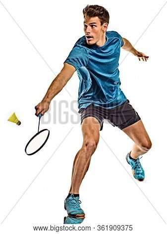 one caucasian youg Badminton player man in studio isolated on white background