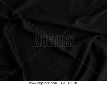 Texture Of Black Cotton Fabric With Waves, Full Frame, Fabric For Sewing Clothes, Shirts. Design Ele