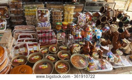 La Dorada, Putumayo / Colombia - March 8 2020: Close Up View Of Crafts For Sale Made Of Wood, Cerami