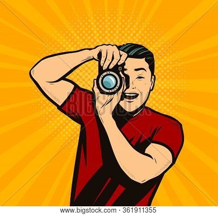 Photographer With Camera. Reporter Retro Comic Pop Art Vector Illustration