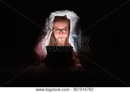 Woman Lying In Bed Under The Blanket Using Tablet Late At Night, Can Not Sleep, Addict News About Co