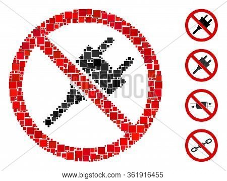 Collage No Electric Plug Icon United From Square Items In Various Sizes And Color Hues. Vector Squar