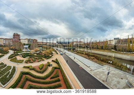 Madrid, Spain - December 13, 2018: The Manzanares River Downtown Madrid, Spain