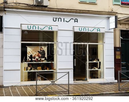 Nice, France - Nov 24, 2019: Facade Of French Unisa Fashion Clothing Shoes Store In Central Nice