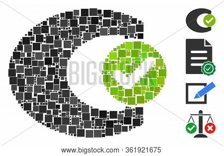 Mosaic Standard Check Icon Organized From Square Elements In Random Sizes And Color Hues. Vector Squ