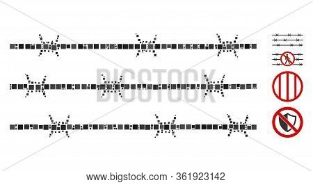 Mosaic Barbwire Fence Icon Designed From Square Items In Variable Sizes And Color Hues. Vector Squar