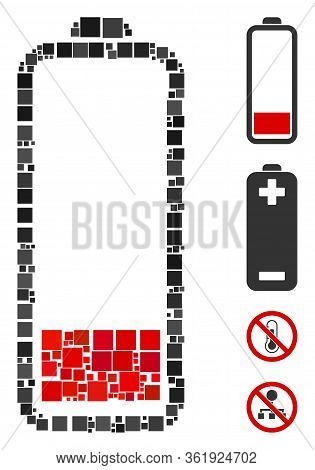Collage Low Battery Level Icon Designed From Square Items In Variable Sizes And Color Hues. Vector S