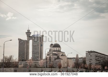 Belgrade, Serbia - March 30, 2018: Skyline Of Novi Beograd With The Western Gate, Also Called Zapadn