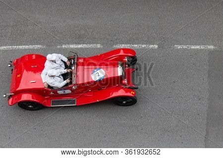 Brescia, Italy - May 16 2018: O.m. 665 S Mm Superba 2000 1927 Is An Old Racing Car In Rally Mille Mi