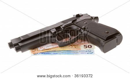 Semi-automatic Gun With Some Euro Bills Isolated