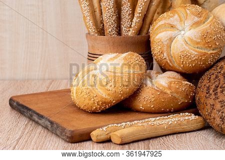Сrisp Bread With Buns. French Baguettes. Fresh Crispbread. Bread Background. Different Breed  On Woo