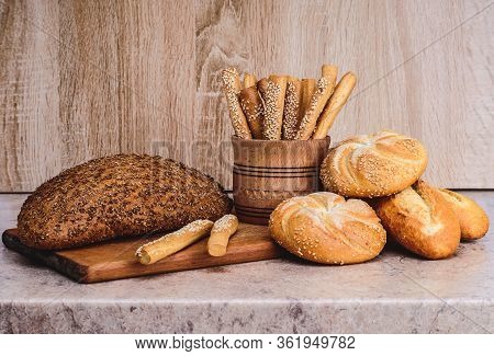 Сrisp Bread With Buns. French Baguettes. Fresh Crispbread. Bread Background. Different Breed  On Woo