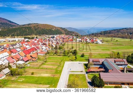 Croatia, Town Of Delnice, Gorski Kotar, Panoramic View Of Town Center From Drone In Spring, Mountain