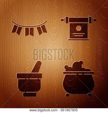 Set Witch Cauldron, Carnival Garland With Flags, Magic Mortar And Pestle And Magic Scroll On Wooden 