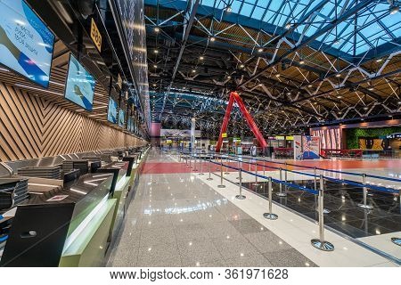 Moscow, Russia - 2020: Sheremetyevo International Airport, Terminal C. Check-in Counters, Electronic