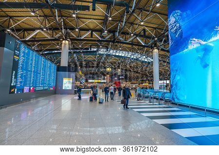 Moscow, Russia - 2020: Interior Of Sheremetyevo International Airport, Terminal C. Spacious Hall, Gl