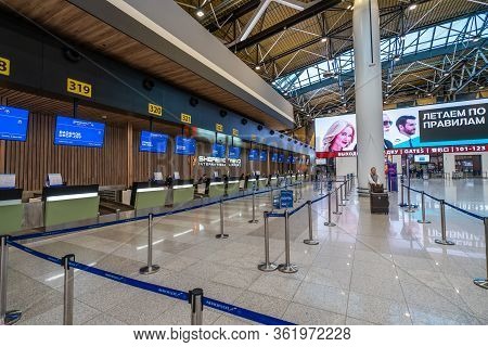 Moscow, Russia - 2020: Sheremetyevo International Airport, Terminal C, Check-in Counters.