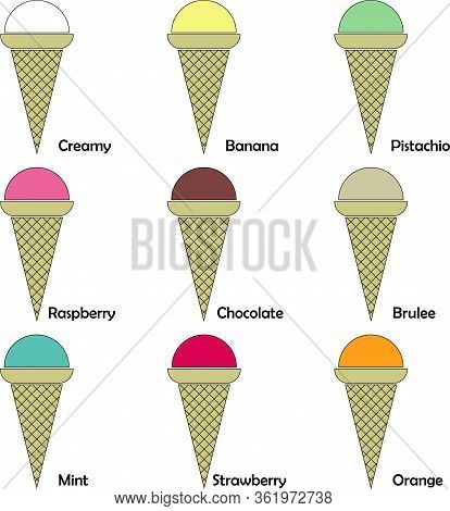 Collage Of Colorful Vector Illustrations, Images Or Icons Of Different Kinds Of Ice Cream On White B