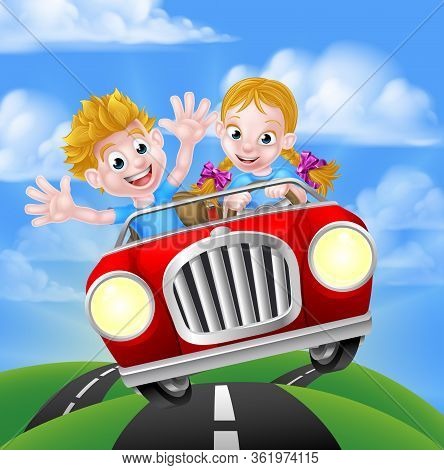 A Cartoon Boy And Girl Having Fun Driving Fast In A Car On A Road Trip