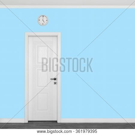 Blue Wall With White Door And Clock. Traditional Afternoon Tea  Symbols Of England. Concept Or Creat