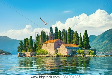 Beautiful Mediterranean Landscape. St. George Island Near Town Perast, Kotor Bay, Montenegro