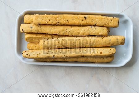 Italian Bread Sticks Grissini With Quinoa And Flax Seeds.